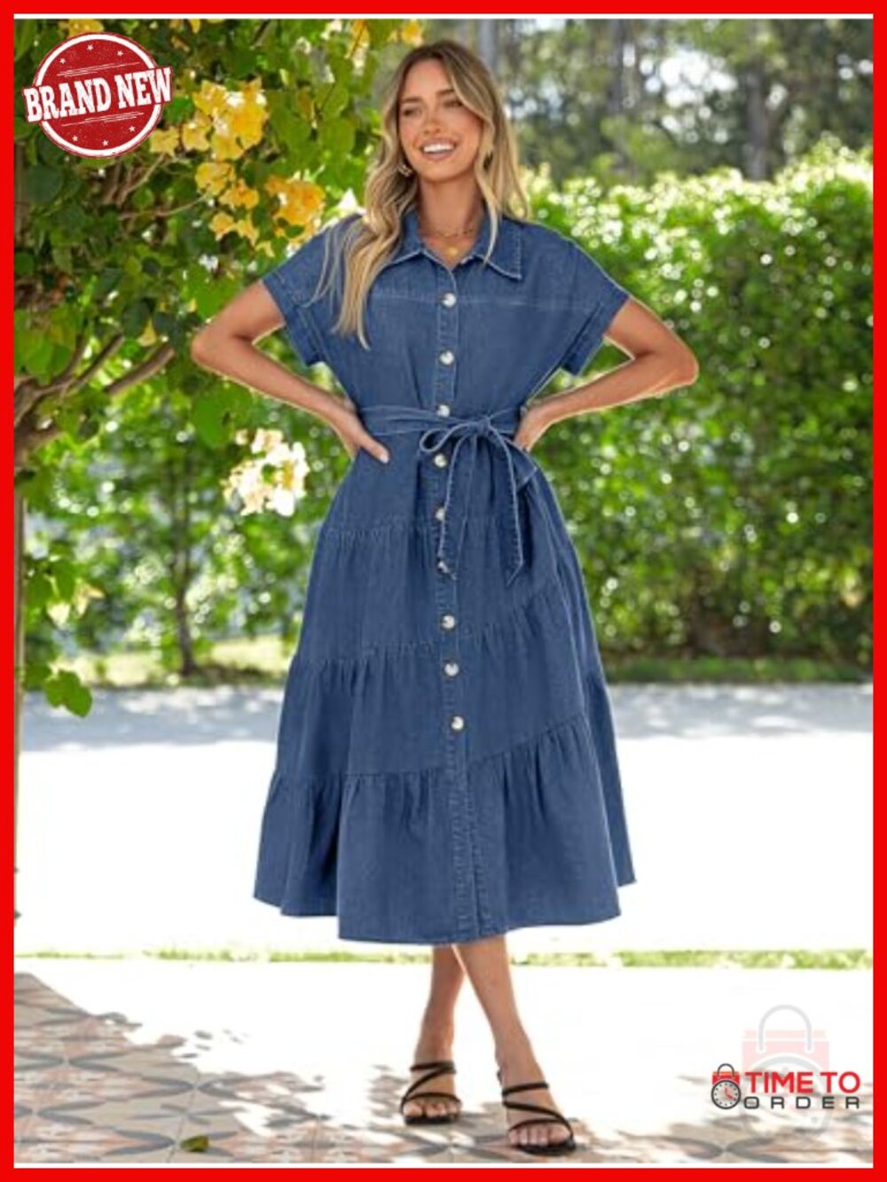 Women's Denim Shirt Dress - Casual Belted Midi with Pockets - Picture 2 of 6